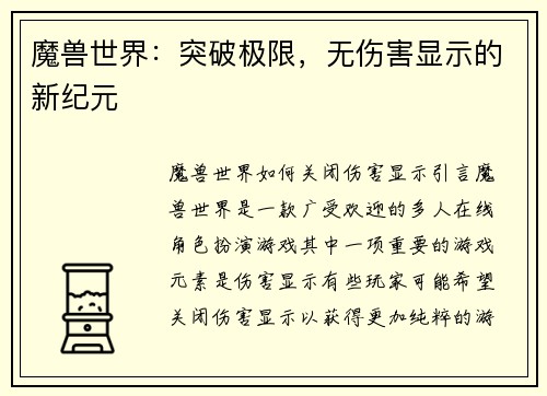 魔兽世界:突破极限,无伤害显示的新纪元